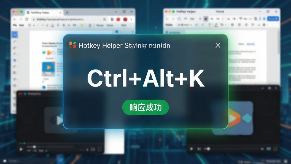 主体:Hotkey Helper的全局快捷键设置界面,屏幕上叠加了多个应用程序窗口的虚拟效果。布局:中心是一个大的快捷键设置卡片,周围有半透明的应用窗口背景,如浏览器、文档编辑器、播放器等。排版:卡片式设计,中间醒目地显示“Ctrl+Alt+K”组合键,下方有“响应成功”的绿色提示标签。风格:科技感与实用性结合,色彩明快。细节:卡片边缘有发光效果,背景窗口虚化处理,突出快捷键的全局响应能力。画质:细腻、干净、无多余元素。