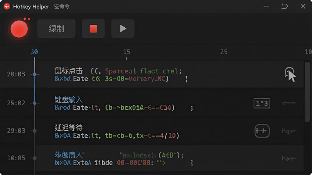 主体:Hotkey Helper的宏命令编辑界面,展示录制好的操作序列。布局:上方是操作录制控制条,有录制、停止、播放按钮;下方是操作列表,每行显示一个操作指令及参数。排版:时间线式布局,操作步骤按顺序排列,可拖拽调整顺序。风格:专业编辑器风格,背景深色,代码高亮显示。细节:录制按钮为红色圆形,正在闪烁,操作列表中有“鼠标点击”、“键盘输入”、“延迟等待”等项目。画质:高分辨率、干净、无多余元素。