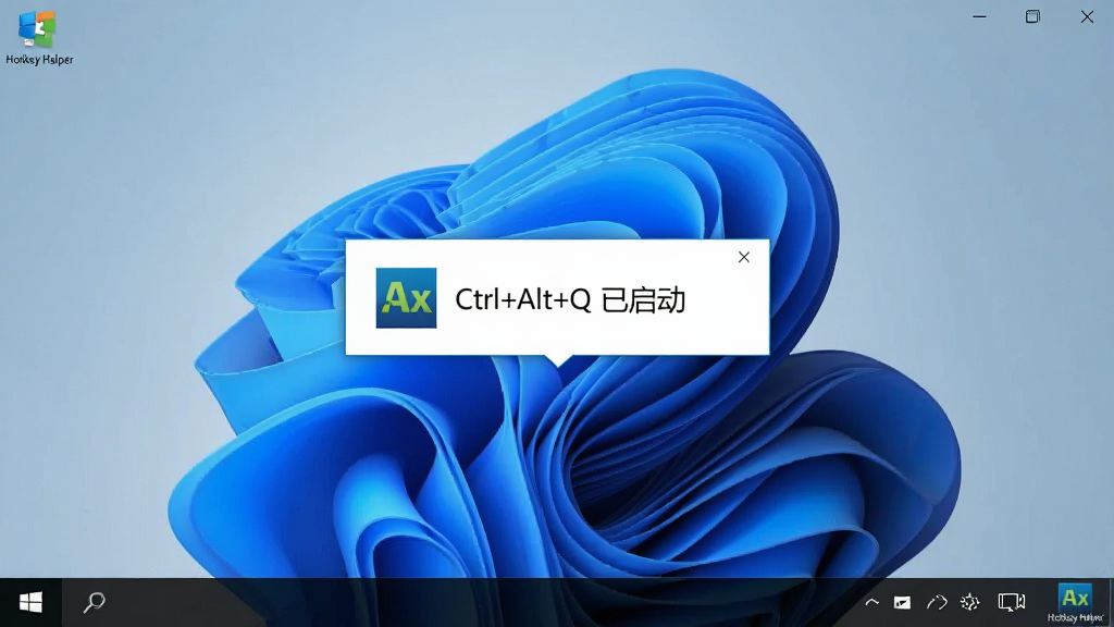 主体:Hotkey Helper在Windows桌面上的运行效果,托盘图标高亮。布局:屏幕中央显示一个“快捷键已生效”的提示气泡,右下角托盘区域有软件图标。排版:简洁的桌面场景,图标和气泡清晰可见。风格:写实风格,Windows 10界面。细节:气泡内文字为“Ctrl+Alt+Q 已启动”,旁边有软件小图标。画质:清晰、干净、无多余元素。