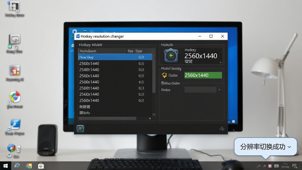 ���壺��������չʾHotkey resolution changer��������״̬�����֣����汳��Ϊ����ֽ��������������������Ļ���룬������������ͼ��������Ű棺��������ʾ�б����ȼ���Ϣ���������½ǵ���������ʾ���ֱ����л��ɹ��������дʵ��Ļ��ͼ���ϸ�ڷḻ��ϸ�ڣ��������ơ�Hotkey resolution changer���ڴ��ڱ����������ɼ����ֱ�����ֵ�ԡ�2560x1440����ʾ�����ʣ��߷ֱ��ʣ���������㣬�޶���Ԫ�ء�