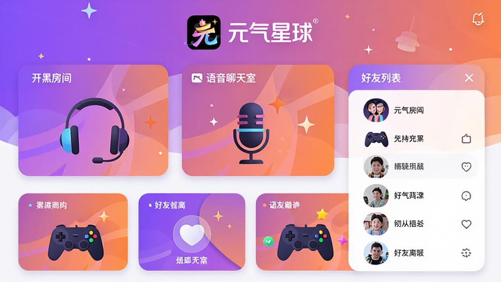 ����ΪԪ������APP�����������棬չʾ���ڷ��䡢���������ҡ������б��Ⱥ��Ĺ���ģ�飬���ֲ��þ��жԳ���ƣ��Ϸ�Ϊ����logo�롰Ԫ�������������·����ж��������Ƭ�����Ϊ�ִ���ƽ���廭����ɫ�������ã�����ɫ�ͳ�ɫ����Ϊ����ϸ�ڰ�����������˷硢��Ϸ�ֱ���Ԫ�أ����ʸ���ɾ����޶������֡�