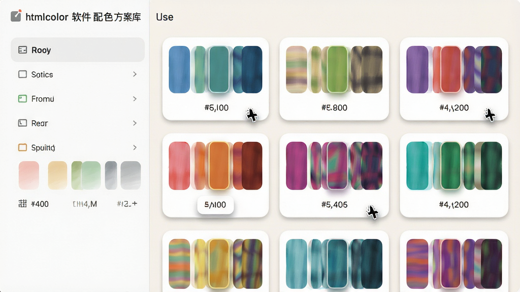 主体:Htmlcolor软件配色方案库界面,展示多套色彩卡。布局:左侧为分类列表,右侧为配色卡片瀑布流展示。排版:每张卡片包含5个色块和对应的色值代码,排列整齐。风格:清新简约,背景为浅色。细节:卡片上色块圆角处理,下方标注HEX值,鼠标悬停有阴影效果。画质:高分辨率,干净无多余元素。