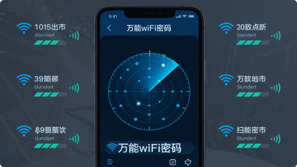 һ��չʾ�ֻ�ɨ��WiFi�źŵ�ͼƬ���ֻ���Ļ�����״�ɨ�趯������Χ��ʾ���WiFi�ȵ����ƺ��ź�ǿ��ͼ�꣬��������ɫ��Ϊ�����Ƽ���ʮ�㣬�����������Ű�����������������ɾ����޶���Ԫ�أ�ͼƬ�д��С�����wifi���롱����