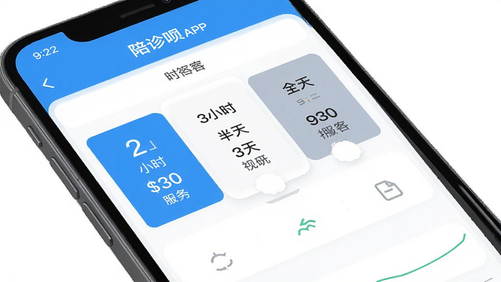 陪诊呗APP界面截图风格预览图,主体为手机屏幕展示服务时长选择页面,布局清晰展示2小时、3小时、半天、全天选项,排版简洁,风格扁平化UI设计,细节包含价格与服务内容说明,画质高清,无多余元素