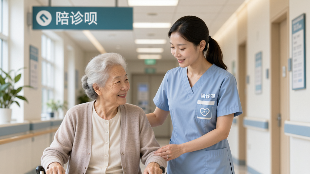 一张温暖、专业的陪诊服务场景图,主体为一位身着统一制服的陪诊师正耐心引导一位老年患者在医院走廊行走,布局清晰,人物表情放松,背景有医院指示牌,风格写实明亮,突出“陪诊呗”品牌的专业与关怀,画质干净,无多余元素