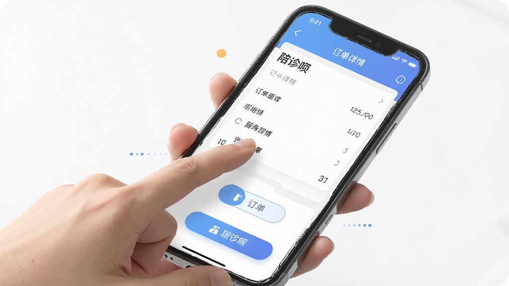 一张关于手机APP使用教程的配图,主体为一只手拿着手机滑动屏幕,屏幕上显示陪诊呗APP的订单详情页,布局干净,风格现代,细节展现APP界面功能按钮,画质清晰,无多余元素