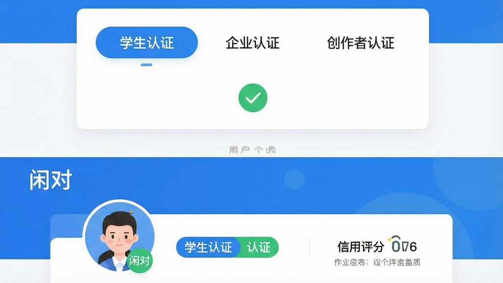 һ��չʾ�ж�APP������֤���ܵĽ����ͼ�������Ϊ���������֣��ϰ벿����ʾ�û���֤ҳ�棬����ѧ����֤����ҵ��֤����������֤����ѡ����·�������֤�û�����ɫ�Թ���ʶ�������Ǽ��İ�ɫ��Ƭ��ơ��°벿��չʾһ���û�������ҳ����ʾ����֤��ǩ���������֣���������ˬ��ɫ������ɫ����ɫΪ�������ֹ������Ű�����������ϸ�壬�ɾ��޶���Ԫ�أ�ͼƬ�����ֱ�ע