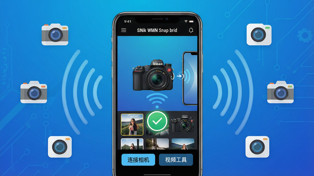 ���壺�����ֻ���Ļ��ʾSNik WMN Snap bridӦ�ý��棬������չʾ�῵������ֻ��������ӵĶ���Ч�������֣��ֻ�λ�ڻ������룬��Χ�������źŲ��������ͼ�껷�ƣ�����Ϊ������ɫ�Ƽ��г������Ű棺����Ԫ�ؼ�࣬�·��С����������������Ƶ���ߡ��Ȱ�ť������ִ���ƽ����ƣ�ɫ��������ͻ���Ƽ����ݡ�ϸ�ڣ��ֻ���Ļ�г��������Ƭ����ͼ�б������ӳɹ�ͼ����������ʣ����壬�ɾ����޶���Ԫ�ء�