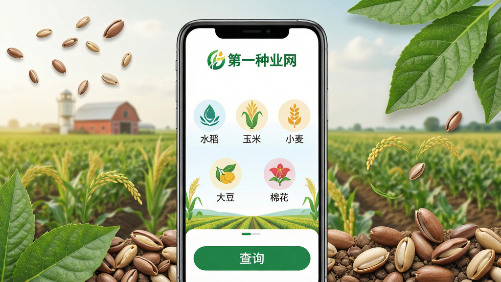 设计一张第一种业网软件的开屏预览图,主体为智能手机屏幕展示APP首页界面,界面顶部显示“第一种业网”绿色logo与名称,中间列出水稻、玉米、小麦、大豆、棉花五大作物图标,底部有查询按钮,背景为农田与种子元素,整体布局清爽简洁,风格为现代扁平化UI设计,细节包含种子颗粒与绿叶纹理,画质高清干净,无多余元素。