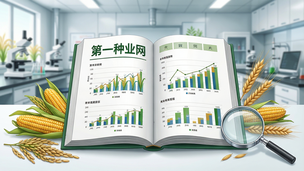 创作一张展示第一种业网数据权威性的预览图,主体为一本打开的数据报告书,页面印有“第一种业网”字样,旁边散落水稻、玉米、小麦等作物标本,背景是农业实验室环境,布局采用居中对称,排版清晰,风格为写实插画,细节包括数据图表与放大镜,画质干净明亮,无多余元素。