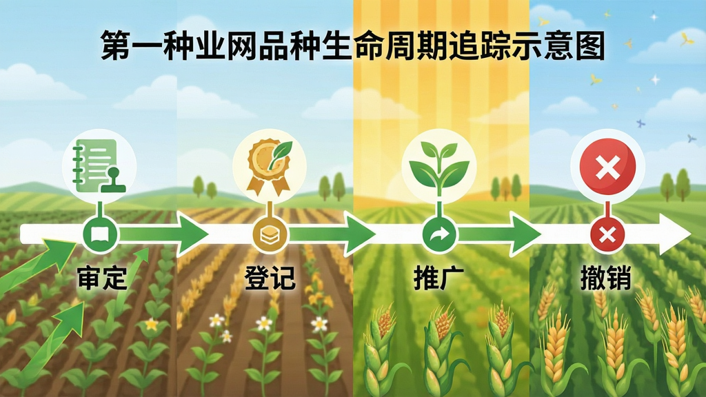 创作一张第一种业网品种生命周期追踪的示意图,主体为一条时间轴,标注“审定”“登记”“推广”“撤销”等节点,每个节点配有对应图标,背景为农田四季变化,布局采用横向时间线,风格为简约信息图,细节包括绿色箭头与作物生长阶段,画质高清干净,无多余元素。