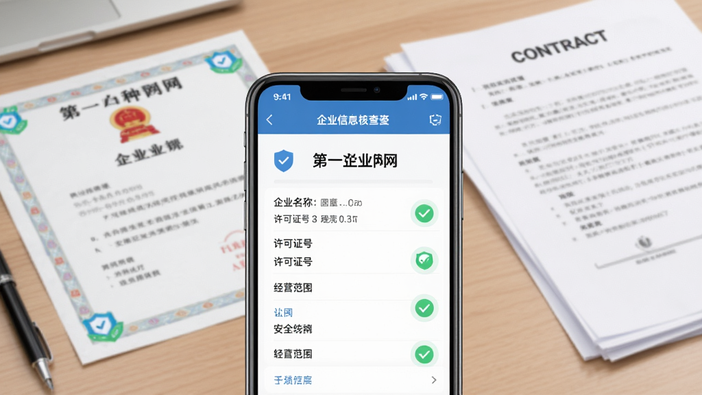 设计一张第一种业网企业信息核查功能的预览图,主体为手机屏幕展示企业详情页,包括企业名称、许可证号、经营范围等,背景为办公桌上的营业执照与合同文件,布局采用居中展示,风格为商务简约,细节包含安全认证图标与对勾标志,画质明亮干净,无多余元素。