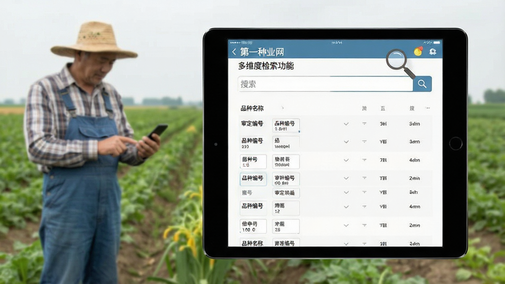设计一张第一种业网多维度检索功能的演示图,主体为平板电脑界面,显示搜索框与筛选条件选项,如“品种名称”“审定编号”等,背景为农户在田间使用手机的场景,布局采用左右分栏,风格为半扁平化设计,细节包含放大镜图标与数据列表,画质清爽干净,无多余元素。