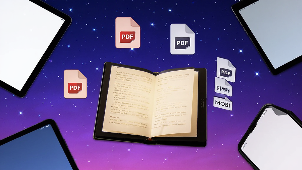 画面中央是一本翻开的电子书,屏幕泛着柔和的暖光,周围漂浮着PDF、EPUB、MOBI等文件图标,背景为渐变的蓝紫色星空,布局干净,平板与手机设备环绕四周,风格现代简约,细节丰富,画质清晰,干净无多余元素
