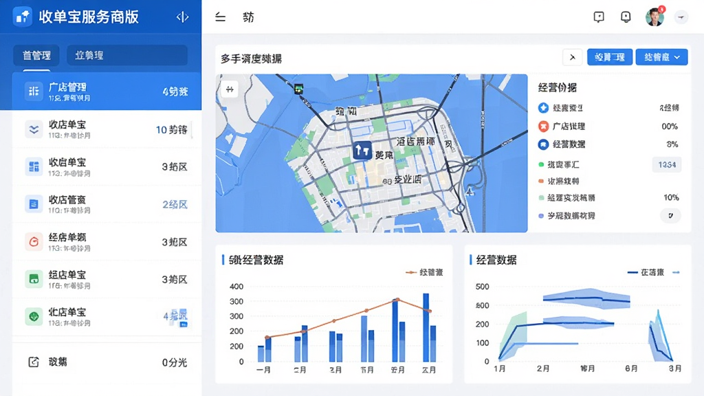 一张收单宝服务商版门店管理界面的设计图,左侧是门店列表,右侧显示门店详情地图与经营数据图表,整体配色以蓝白为主,商务科技感强,画面布局合理,细节丰富,画质清晰,背景干净