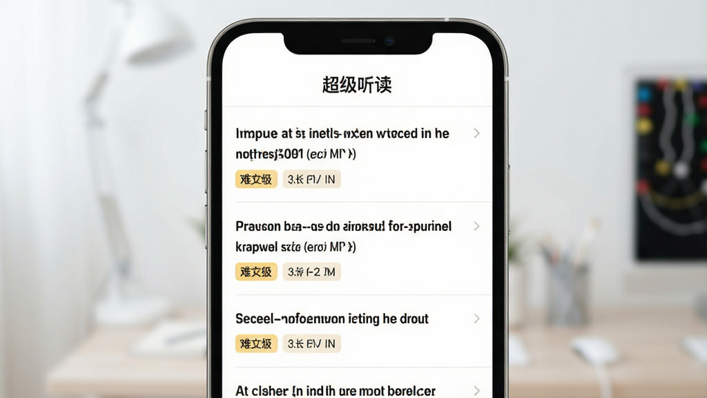 一张展示超级听读App内文章列表的界面设计图,列表中显示多篇英文文章标题,每篇配有难度等级和时长标签,界面简洁美观,背景为白色,文字清晰,整体风格干净明亮,画质高,无多余元素,顶部有“超级听读”字样