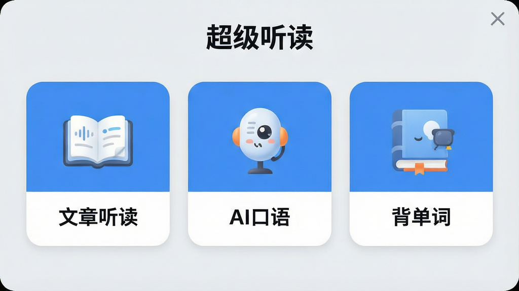 一幅展示超级听读软件主界面的高清截图,界面包含“文章听读”、“AI口语”、“背单词”等主要功能模块,整体风格清新简约,以蓝色和白色为主色调,图标圆润可爱,背景为浅灰色,画质清晰,干净无多余元素,文字标注“超级听读”字样