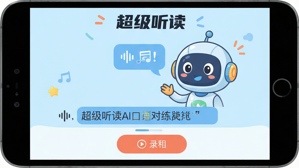 一张展示超级听读AI口语对练功能的界面截图,界面中有一个卡通AI对话角色,下方显示对话文本和录音按钮,背景为淡蓝色,风格活泼,画质清晰,无多余元素,文字标注“超级听读”