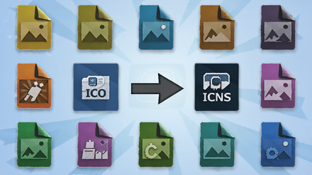 Icon to any��������չʾͼ����Ļ����ʾ����ͼƬ��ʽͼ�����У��м��м�ͷָ��ICO��ICNS��ʽͼ�꣬����Ϊ������ɫ�����ʸ��壬�Ű�����