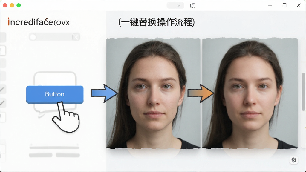 Incrediface软件一键替换操作流程,展示点击按钮后新旧面孔融合的瞬间效果,界面简洁明亮,操作指示箭头清晰,整体风格直观易懂,画质干净无干扰