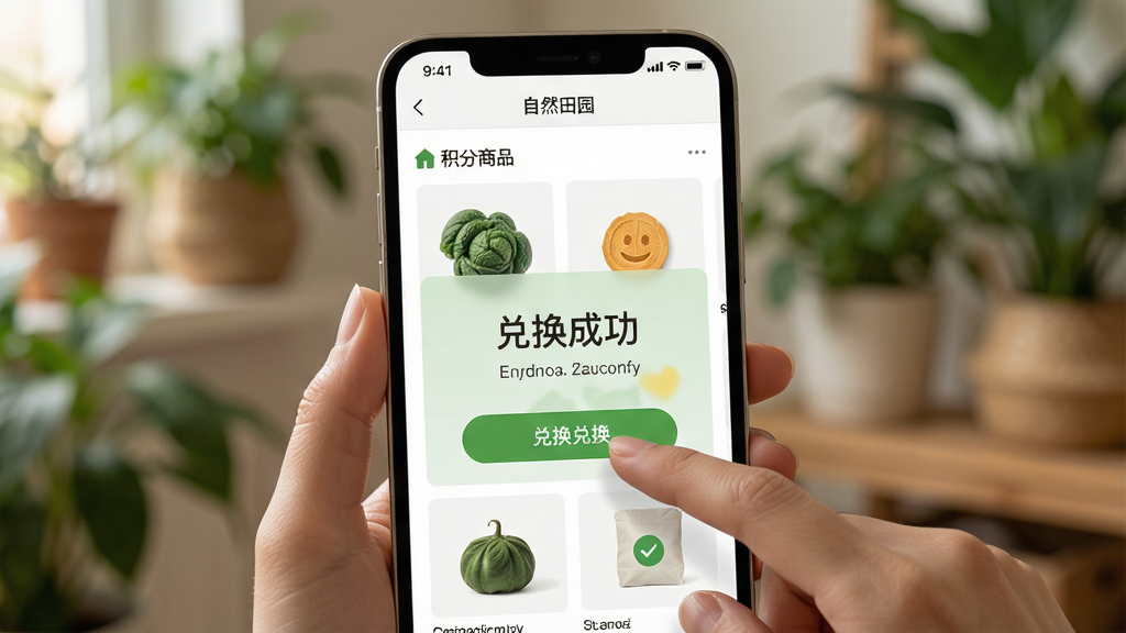 主体:自然田园App使用场景,用户正在浏览积分商品,布局:手机屏幕特写,手指点击兑换按钮,排版:屏幕中央突出“兑换成功”提示,风格:温馨自然,背景为室内绿植,细节:商品图片清晰,画质:高清,干净,无多余元素