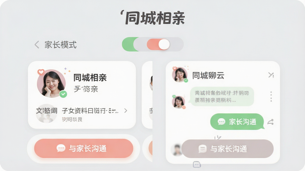 ���壺��ͬ�����ס�App�ġ��ҳ�ģʽ�����棬��Ļ�Ϸ���ʾ���ҳ�ģʽ�����أ��·������������Ͽ�Ƭ�͡���ҳ���ͨ����ť�����֣��������ҶԳƣ��������Ů���Ͽ����ұ��Ǽҳ����촰�ڣ�����Ϊǳ��ɫ���Ű棺����ƫ�󣬰�ťԲ��ɫ����ͣ������С�ͬ�����ס�������������ϻ�UI��ƣ�����׶������ʸɾ����޶���Ԫ�ء�