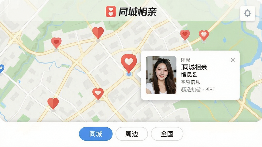 ���壺��ͬ�����ס�App�ĵ�ͼƥ����棬��ͼ���ж�����ζ�λ�㣬����һ����λ�㵯���û����Ͽ������֣���ͼռ����Ļ�󲿷֣��ײ���ɸѡ������ѡ��ͬ�ǡ������ܱߡ�����ȫ�������Ű棺���Ͽ�������ʾ��Ƭ�ͻ�����Ϣ�������С�ͬ�����ס�Logo�������ʵ��ͼ���ɫ����Ȼ���������������ʸ���ɾ����޶���Ԫ�ء�