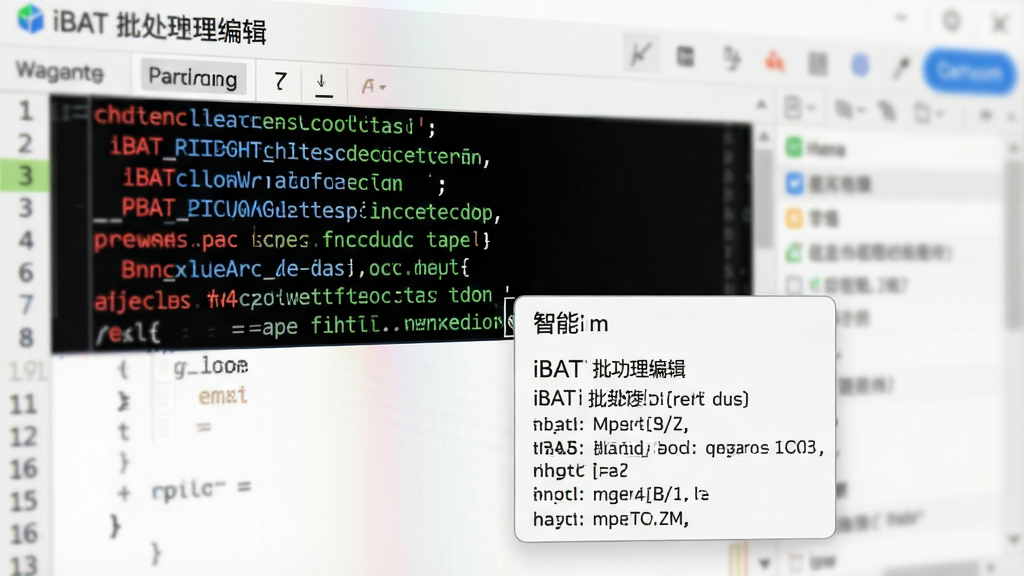 一张软件功能特写图,展示iBAT 批处理编辑工具的代码编辑区,多行批处理命令以红蓝绿三色高亮显示,光标处弹出一个智能提示下拉框,包含相关命令的语法说明,背景虚化处理,浅色UI风格,细节清晰,画质干净,无多余元素