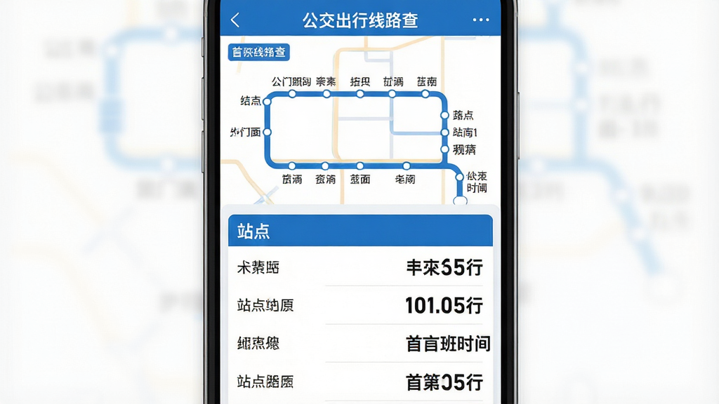 主体:公交出行线路查App的线路详情页,显示线路图与站点列表。布局:线路图在上,站点列表在下,信息分区明确。排版:站点名称用列表排列,首末班时间醒目显示。风格:简洁商务风,蓝白配色。细节:屏幕上有“公交出行线路查”字样,线路图用蓝色线条,站点用圆点,时间用粗体数字。画质:高清,干净无多余元素。