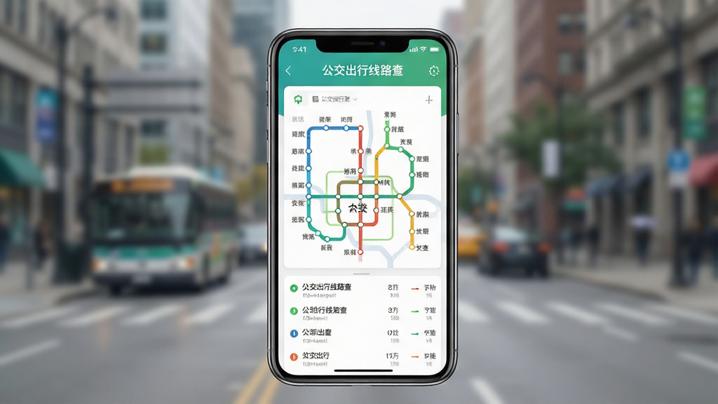 主体:手机屏幕展示公交出行线路查App界面,界面清晰显示公交线路图与站点列表,背景为模糊的城市街景。布局:手机居中,屏幕内容醒目,四周留白。排版:界面元素整齐排列,文字标签清晰。风格:现代扁平化设计,色彩清新明快。细节:屏幕上有“公交出行线路查”字样,线路图用彩色线条标注,站点用圆点标识。画质:高清渲染,干净无多余元素。
