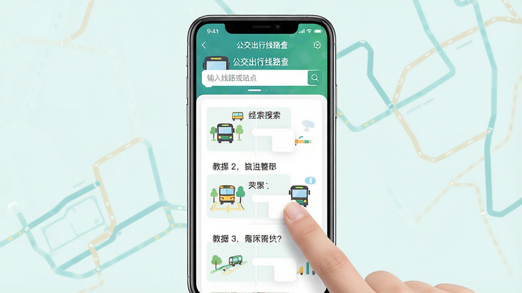 主体:手机屏幕上显示公交出行线路查App的使用教程界面,手指点击搜索框。布局:手机居中,界面元素清晰。排版:教程步骤以图文形式展示。风格:清新简约,浅色背景。细节:屏幕上有“公交出行线路查”字样,搜索框有“输入线路或站点”提示文字。画质:高清,干净无多余元素。