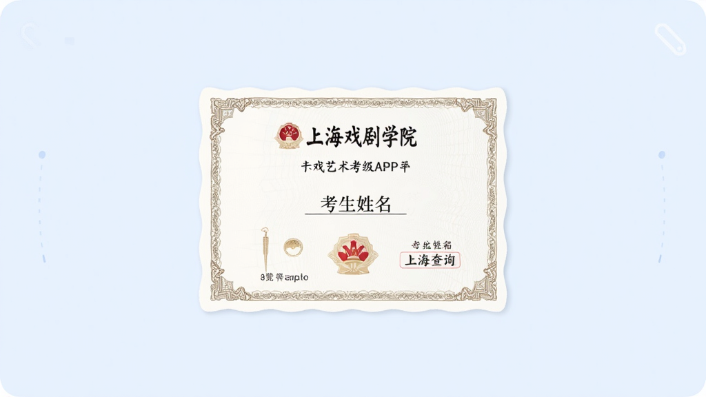 上戏艺术考级APP的证书查询页面预览图,页面中央显示一张电子证书样张,证书上有“上海戏剧学院”字样和考生姓名,背景为淡蓝色,采用商务简约风格,排版工整,画质清晰,无多余元素