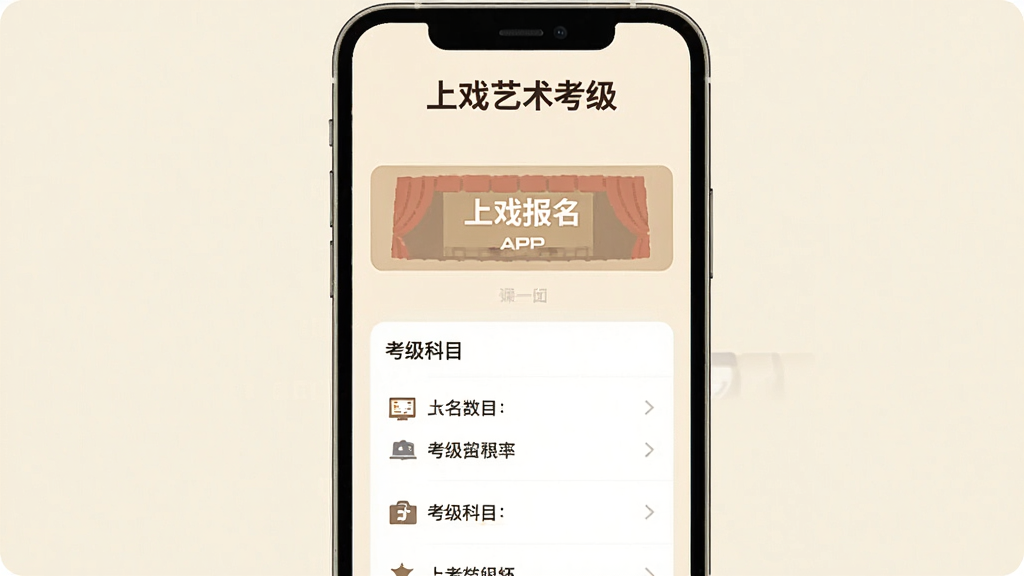 一张手机屏幕展示上戏艺术考级APP的主界面,界面顶部有“上戏艺术考级”品牌字样,中间是清晰的报名入口和考级科目列表,背景为浅色调,采用扁平化设计风格,画质干净,无多余元素,突出APP的实用性与专业性