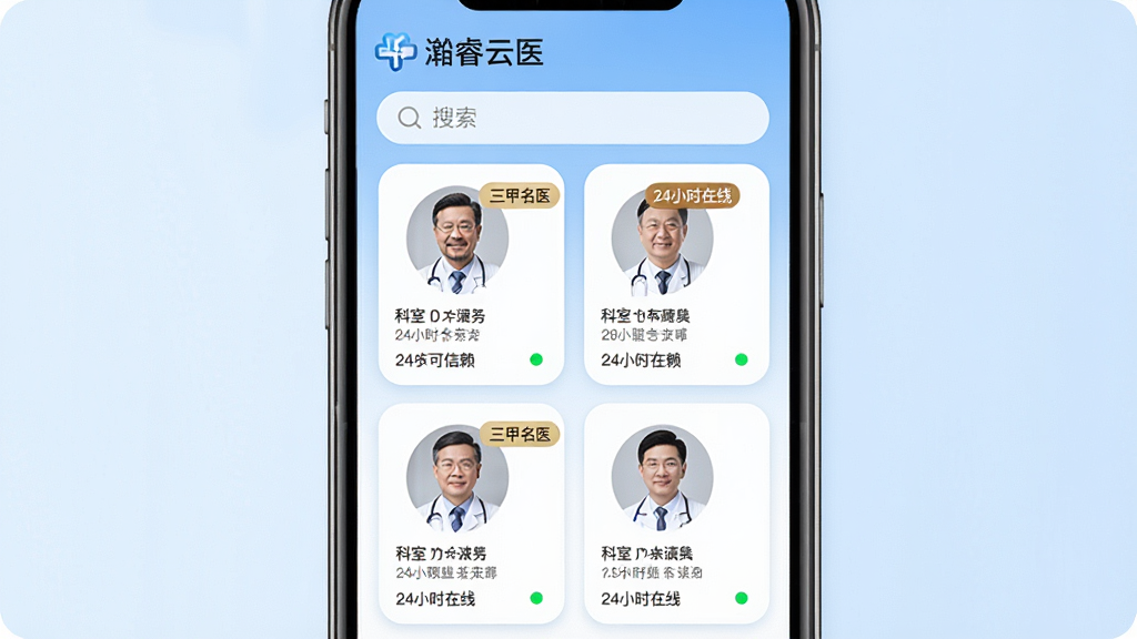 画面主体为“灏睿云医”APP的医生列表页面展示,屏幕上有多个医生头像卡片,标注“三甲名医”“24小时在线”标签。布局采用手机竖屏截图样式,背景为淡蓝色渐变,上方有“灏睿云医”应用名称和搜索栏。排版整齐,医生卡片采用圆角矩形设计,包含医生照片、科室、职称和在线状态绿点。风格写实结合UI设计,细节突出“权威可信赖”,画质干净无多余元素。