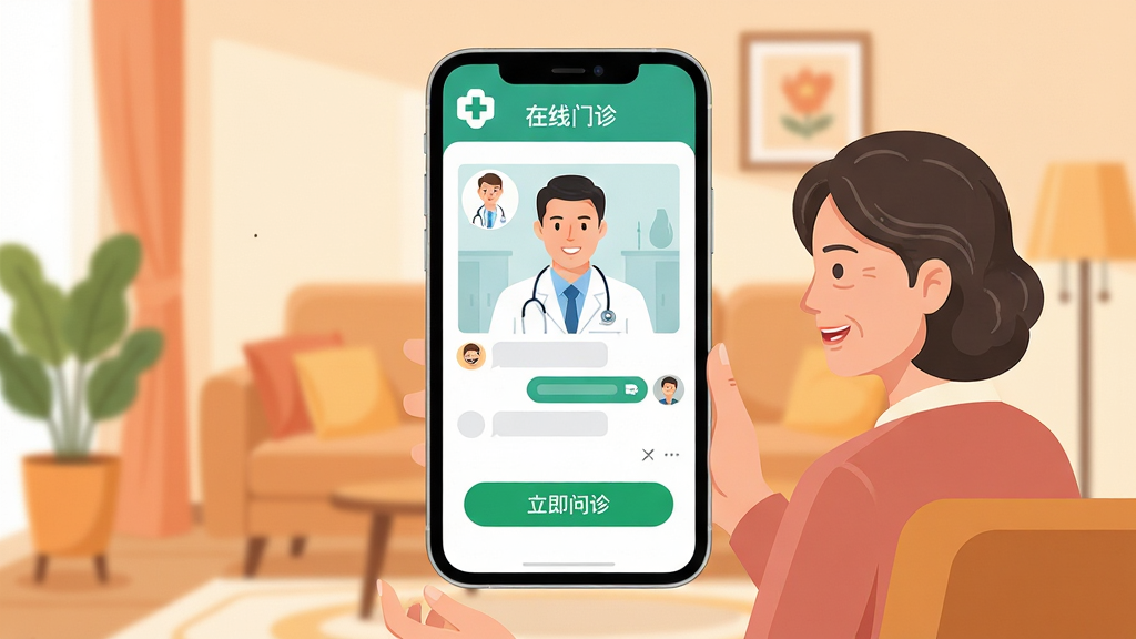 画面主体为“灏睿云医”APP界面悬浮于手机屏幕之上,背景为温馨的家庭客厅场景,一位中年女性正拿着手机与屏幕中的医生进行视频问诊,医生穿着白大褂,表情专业而亲切。布局采用居中构图,手机屏幕内容清晰展示“在线门诊”界面,包含医生头像、聊天窗口和处方按钮。排版简洁明快,突出“便捷就医”主题,风格为现代扁平化插画,细节包括左上角绿色十字医疗标识、界面下方“立即问诊”按钮。画质高清,干净无多余元素。