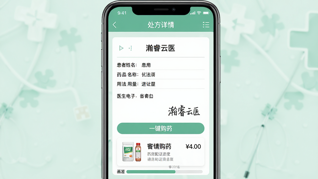 画面主体为“灏睿云医”APP的电子处方界面,屏幕中显示一张电子处方单,包含患者姓名、药品名称、用法用量和医生电子签名。布局为手机截图构图,背景为浅绿色医疗风格,上方有“处方详情”标题。排版规整,处方单下方有“一键购药”按钮,旁边有药品图片和价格。风格简洁商务,细节包括药房配送进度条,画质高清,干净无多余元素。