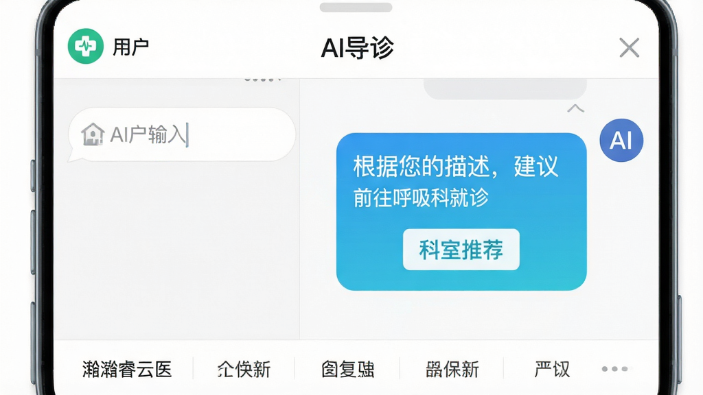 画面主体为“灏睿云医”APP的AI问诊对话界面,屏幕左侧是用户输入框,右侧是AI助手回复气泡,显示“根据您的描述,建议前往呼吸内科就诊”。布局采用手机聊天界面样式,背景为白色,上方有“AI导诊”字样。排版流畅,气泡颜色区分明显,AI回复中带有科室推荐按钮。风格现代简洁,细节包括顶部绿色医疗图标和底部快捷回复选项,画质干净无多余元素。