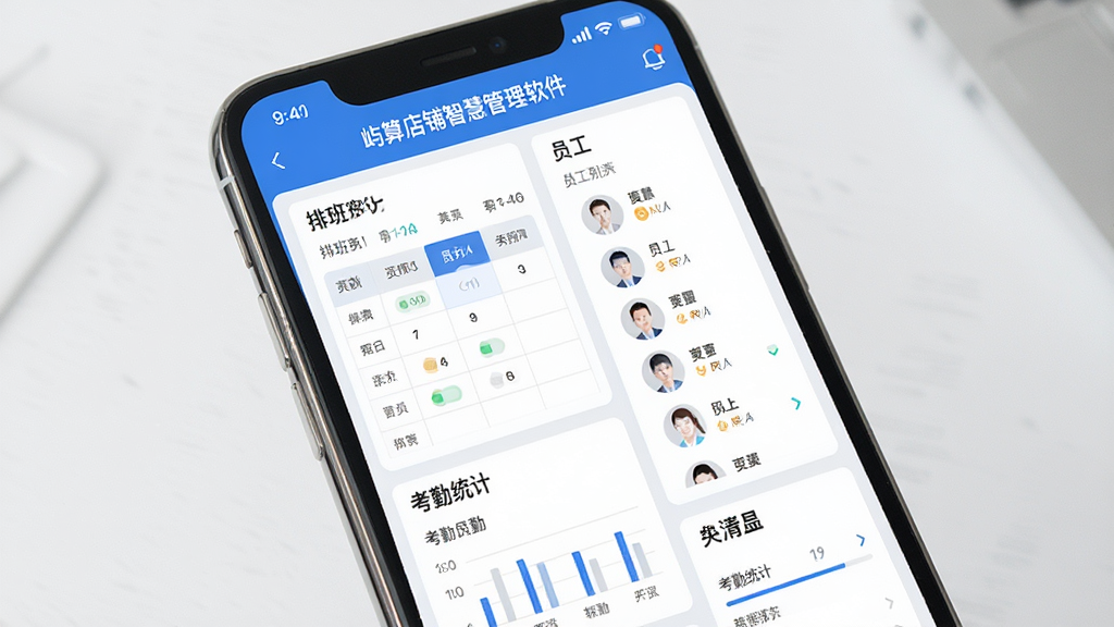 画面主体为一部智能手机屏幕显示“屿算店铺智慧管理软件”主界面,界面清晰展示排班表、员工列表、考勤统计等模块,整体布局简洁明了,采用扁平化设计风格,主色调为蓝色与白色,细节丰富,画质高清,干净无多余元素