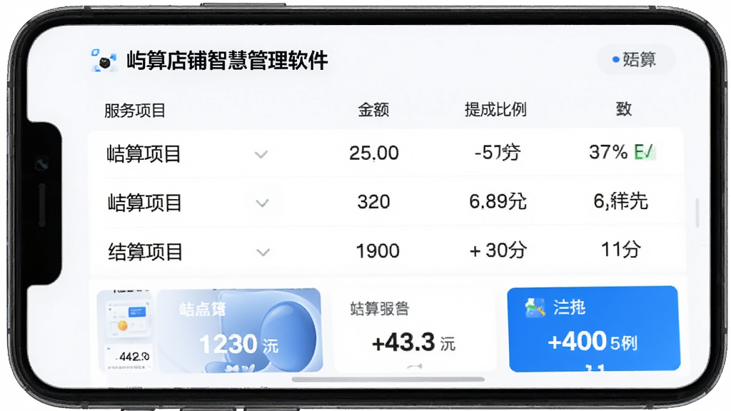 手机屏幕展示“屿算店铺智慧管理软件”的结算报表页面,包含服务项目、金额、提成比例等数据列表,底部有汇总统计卡片,界面清晰,白色背景,蓝色点缀,数据字体醒目,画质干净