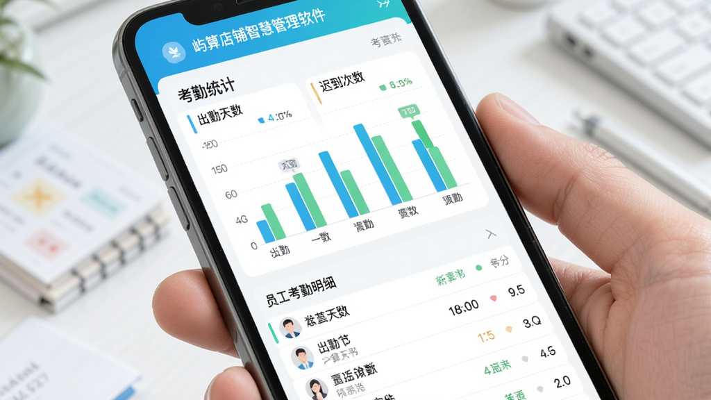 手机屏幕展示“屿算店铺智慧管理软件”的考勤统计图表,包含出勤天数、迟到次数等指标,以柱状图形式呈现,下方有员工考勤明细列表,界面简洁,色彩清新,画质高清