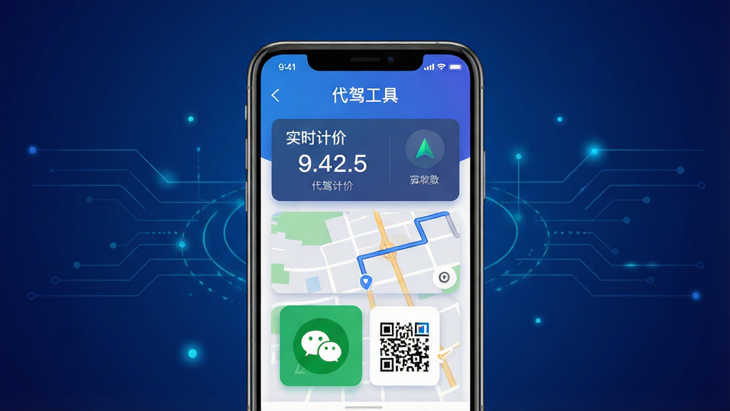 主体:一部智能手机屏幕显示代驾工具APP主界面,界面顶部有“代驾工具”字样,中间是实时计价器、导航地图和收款二维码图标。布局:手机居中,背景为深蓝色渐变,周围有简洁的科技线条和发光点。排版:手机屏幕内UI清晰,功能图标排列整齐。风格:现代扁平化结合轻拟物,色彩明亮,干净整洁。细节:计价器显示数字,地图有路线,收款码有微信和支付宝标识。画质:高清渲染,干净,无多余元素。