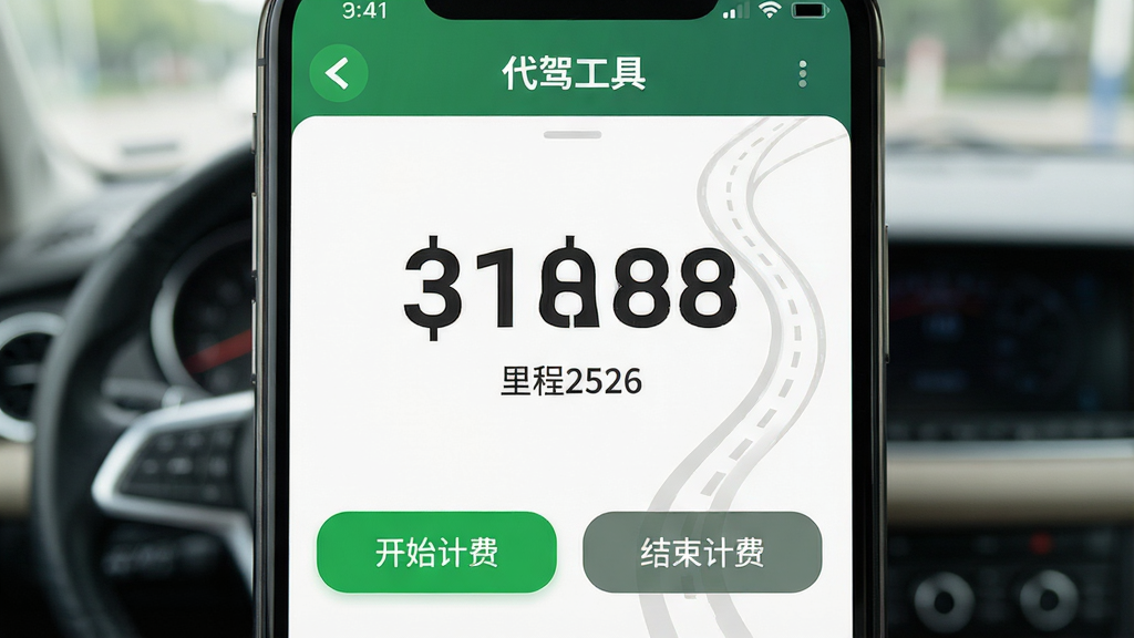主体:代驾工具APP的计价器界面特写,屏幕上显示“代驾工具”品牌名,中央是醒目的金额数字和里程数,下方是“开始计费”“结束计费”按钮。布局:手机屏幕占据画面中心,周围有模糊的驾驶室背景。排版:UI元素居中对称,数字字体大而清晰。风格:写实与UI结合,光线柔和。细节:界面有绿色导航箭头和道路线条。画质:高清细腻,干净,无多余元素。