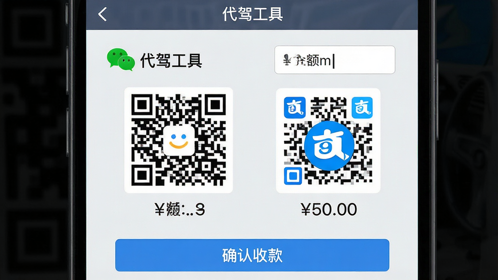 主体:代驾工具APP的收款页面,屏幕中央显示一个微信支付二维码和支付宝二维码,旁边有“代驾工具”字样和金额输入框。布局:两个二维码并排,背景为浅灰色,上方有标题栏。排版:二维码大小一致,下方有“确认收款”按钮。风格:简洁商务风,色彩明快。细节:二维码有微信和支付宝标志,金额处显示“¥50.00”。画质:高清,干净,无多余元素。