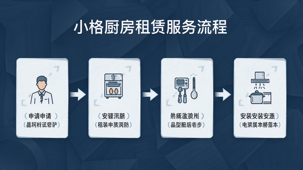 小格厨房租赁服务流程展示图,主体为从申请到安装的步骤示意图,布局采用流程图形式,排版清晰,风格商务简约,细节标注每个环节,画质干净无多余元素