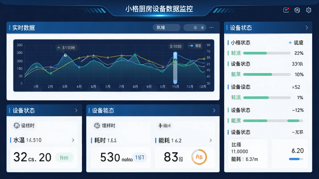 小格厨房设备数据监控界面,主体为实时数据图表与设备状态列表,布局采用卡片式设计,排版整齐,风格科技蓝调,细节展示水温、耗时、能耗数据,画质清晰无多余元素