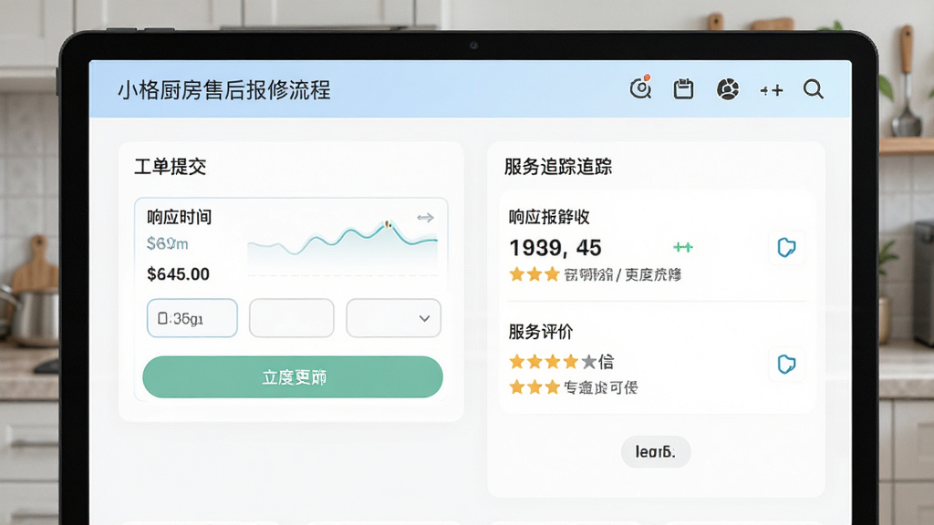 小格厨房售后报修流程界面,主体为工单提交与进度追踪页面,布局简洁,风格清新,细节展示响应时间与服务评价,画质高清无多余元素