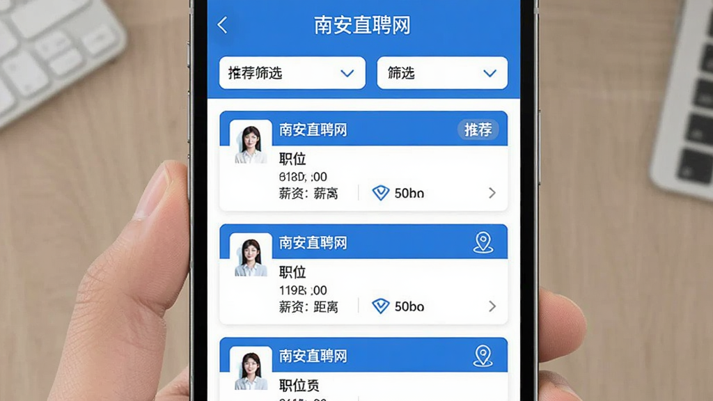 画面主体为南安直聘网APP的职位推荐页面,布局为列表形式,每条职位卡片显示公司名称、职位名称、薪资和距离,顶部有筛选栏。风格简约清新,主色调蓝色,细节包括“推荐”标签和定位图标,排版整齐,画质清晰,干净无多余元素,屏幕上显示“南安直聘网”字样。