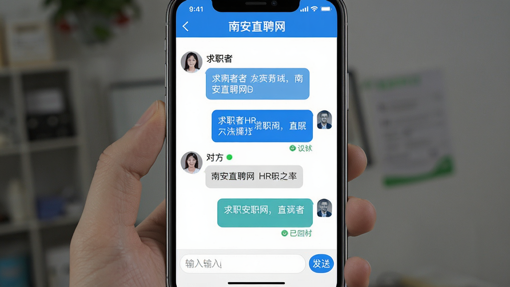 画面主体为南安直聘网APP的在线聊天界面,对话框显示求职者与HR的对话气泡,底部有输入框和发送按钮。布局为手机屏幕截图样式,风格简洁,蓝色主题,细节包括对方在线状态和已读回执,画质清晰,干净无多余元素,顶部显示“南安直聘网”字样。