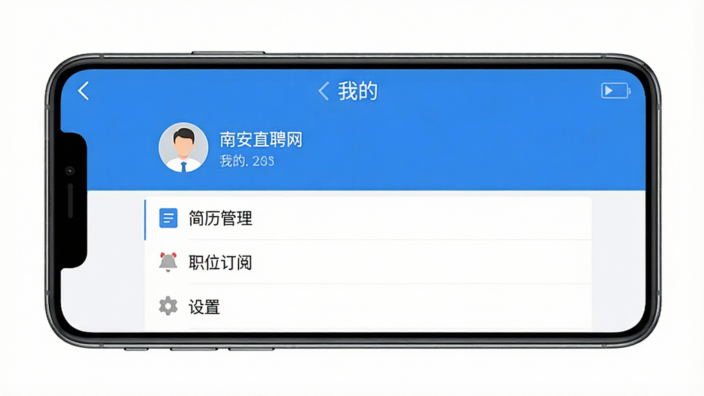 画面主体为一部智能手机横屏展示南安直聘网APP的“我的”页面,页面上方显示用户头像和用户名,下方有“简历管理”、“职位订阅”、“设置”等菜单项。布局为全屏截图,风格简洁,蓝色主题,细节包括菜单图标,画质清晰,干净无多余元素,屏幕上显示“南安直聘网”字样。