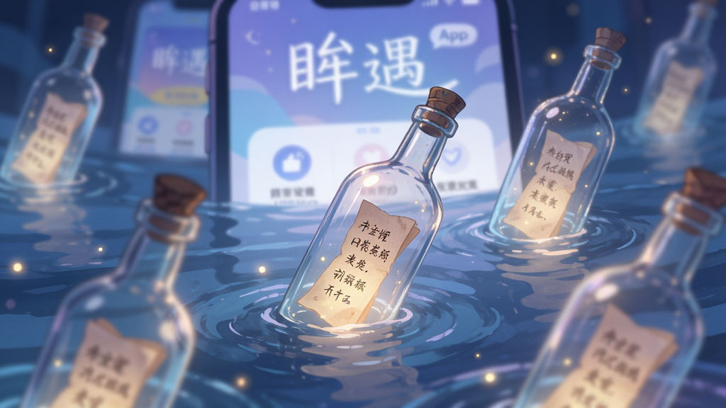 画面主体为多个发光的玻璃漂流瓶,瓶内装着写有文字的纸条,漂浮在波光粼粼的水面上。背景是模糊的“眸遇”APP界面元素。布局采用散点透视,漂流瓶错落有致。风格为唯美插画风,色调以梦幻的蓝紫色为主,辅以暖黄色光点。画面细节丰富,光线柔和,营造出浪漫、神秘且充满希望的氛围。画质高清,干净无多余元素。